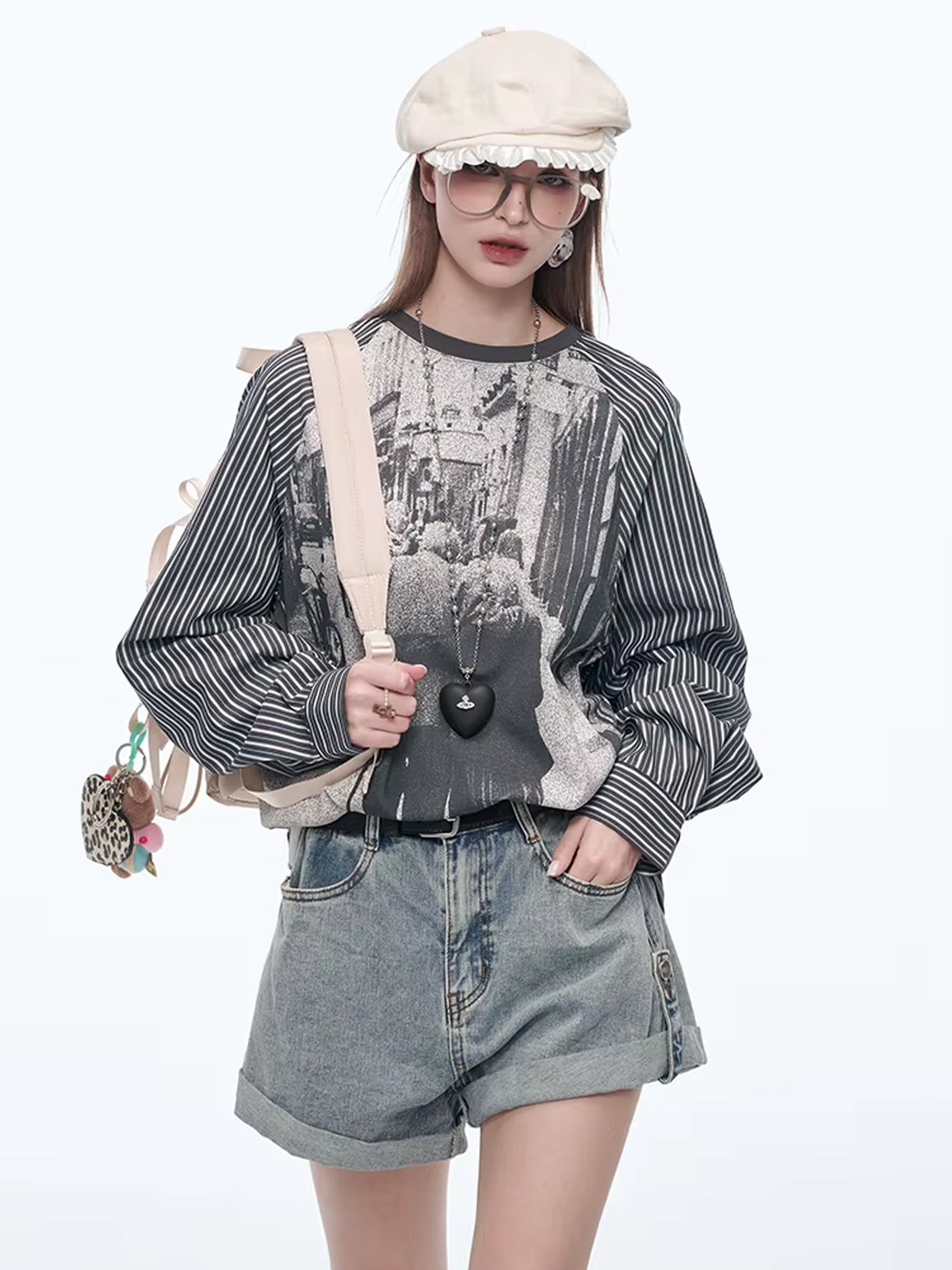 Y2K Photo-Print Top with Striped Sleeves