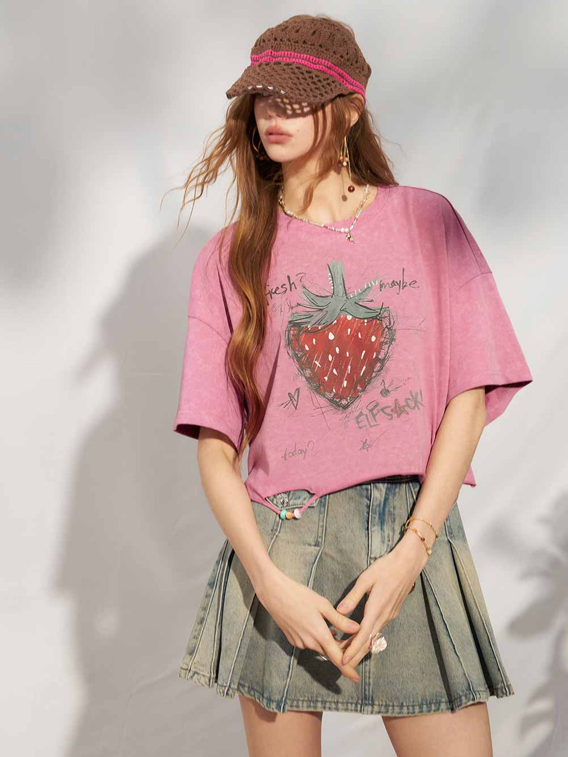 Hand Drawn Strawberry Raw Hem Tee