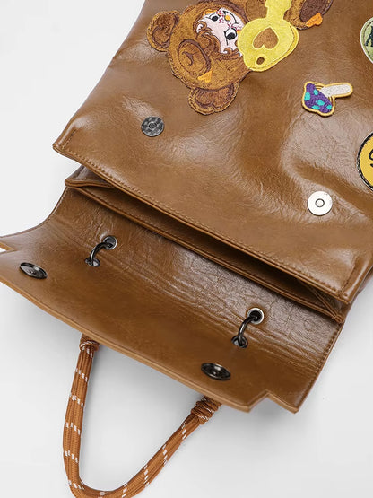 Casual Cute Leather Cartoon Embroidery Backpack School Bag