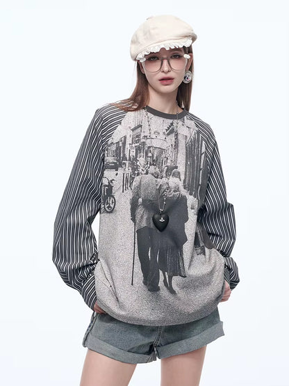 Y2K Photo-Print Top with Striped Sleeves