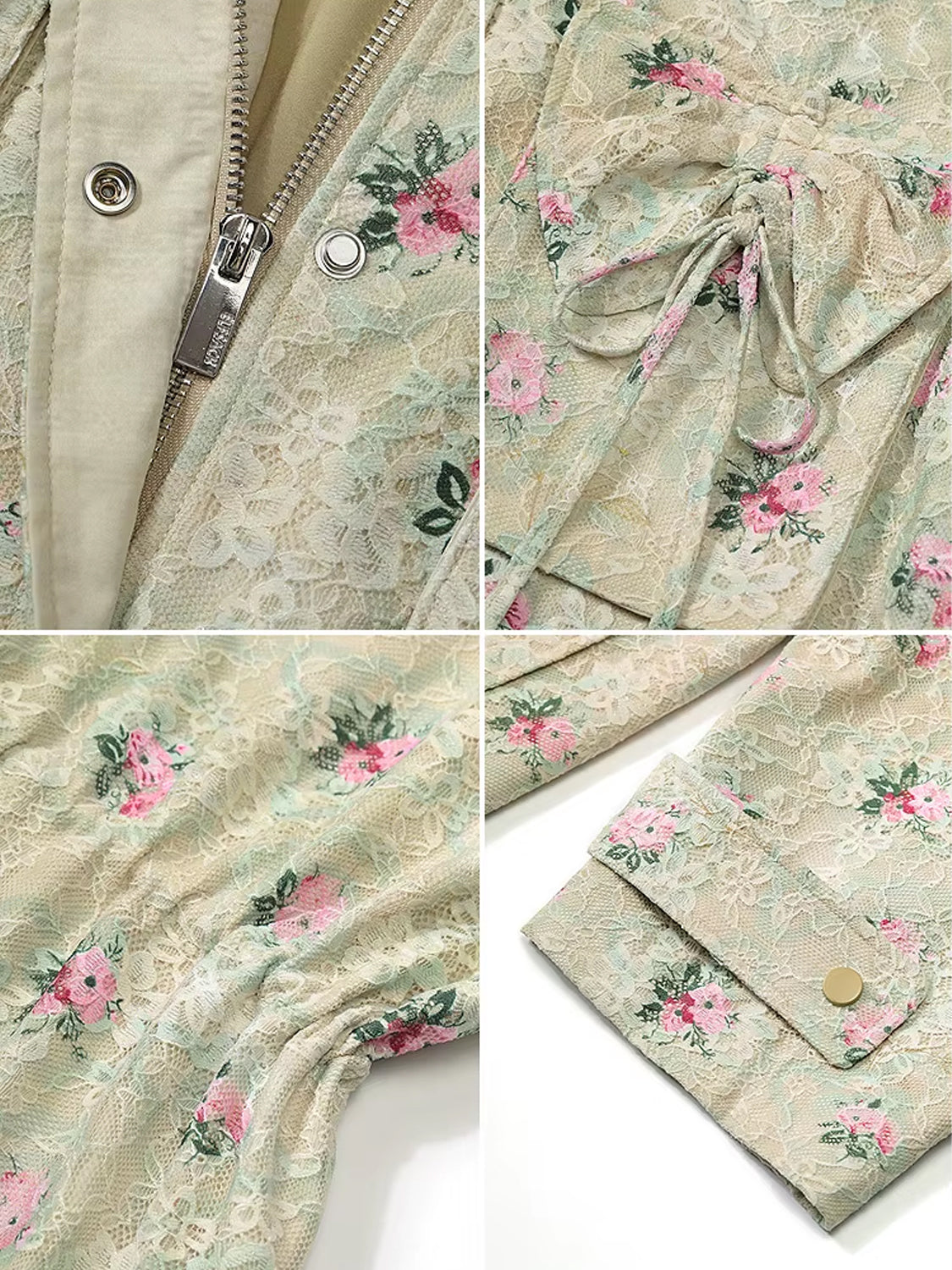 Sweet lace bow print loose coat women zipper long sleeve mid-length jacket