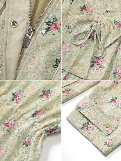 Sweet lace bow print loose coat women zipper long sleeve mid-length jacket