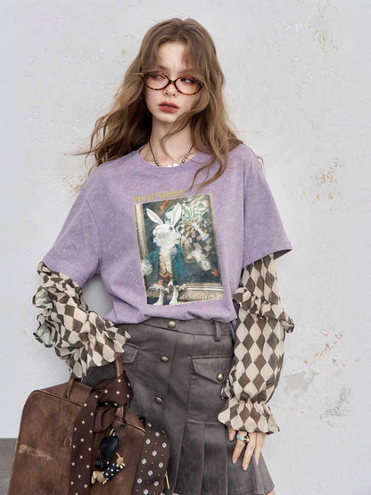 Y2K Layered-Look Graphic Top with Ruffle Sleeves