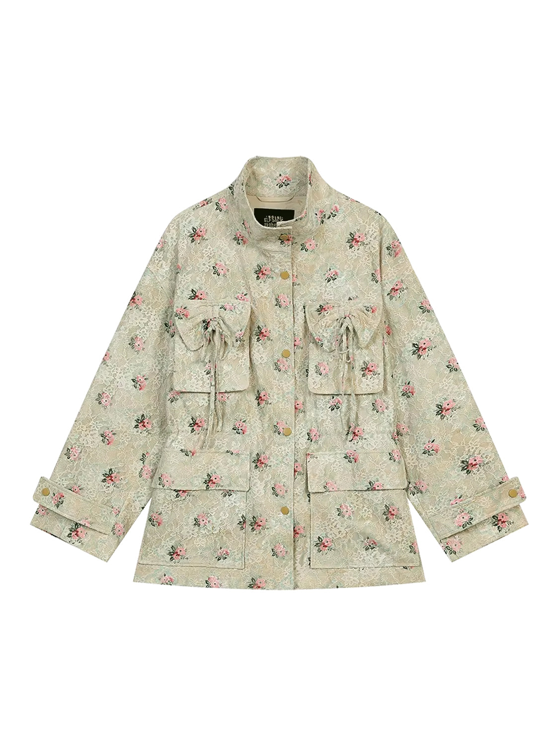 Sweet lace bow print loose coat women zipper long sleeve mid-length jacket