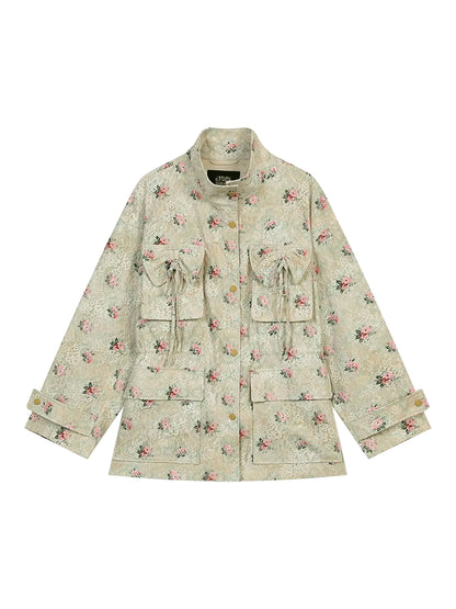 Sweet lace bow print loose coat women zipper long sleeve mid-length jacket