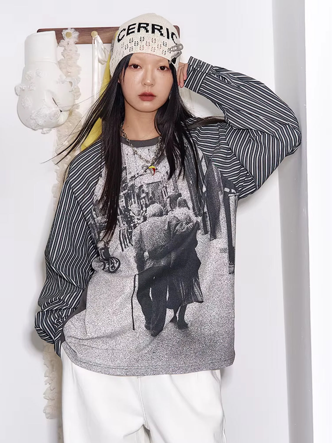 Y2K Photo-Print Top with Striped Sleeves