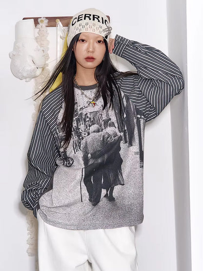 Y2K Photo-Print Top with Striped Sleeves