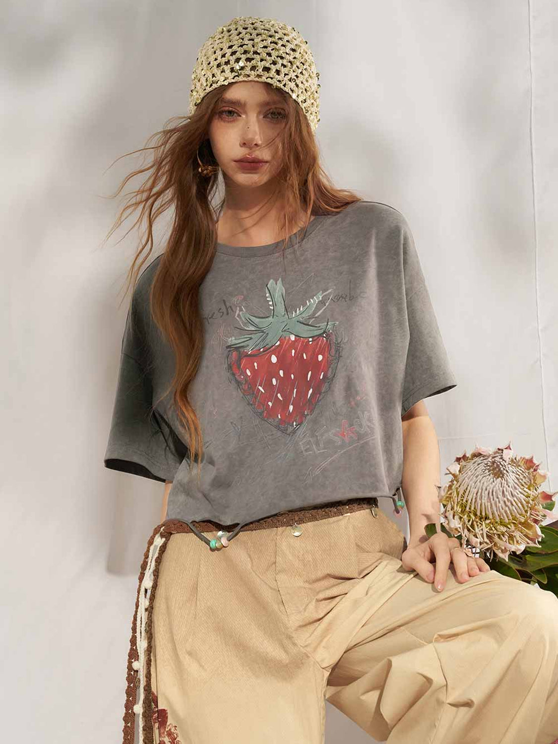 Hand Drawn Strawberry Raw Hem Tee