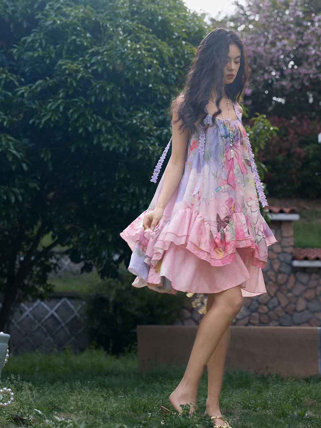 Floral & Butterfly-Print Slip Dress