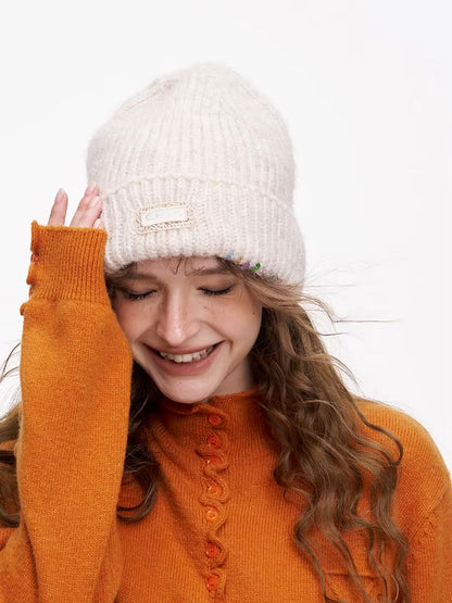 Y2K Casual Solid Color Stone Stacked Beanie