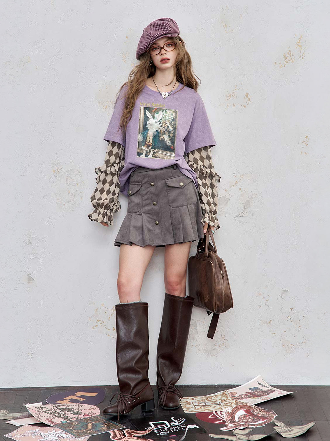 Y2K Layered-Look Graphic Top with Ruffle Sleeves